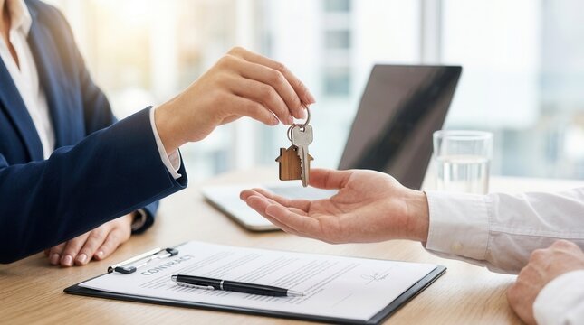 Close up view of a house key being given to a buyer or tenant by a landlord or property realtor.