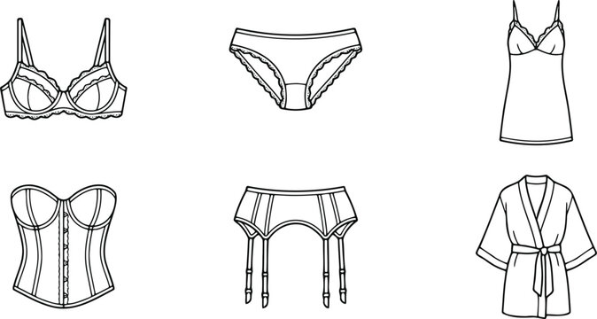 Women intimate lingerie technical sketch vector set with lace balcony bra corset garter belt and short robe tech pack