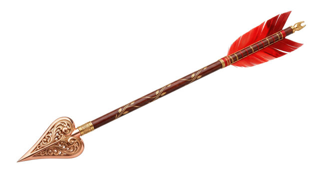 Cupid arrow, photorealistic decorative arrow with elegant heart-shaped tip, slender shaft and refined red feather fletching, iconic Valentine symbolism, side three-quarter view, tack-sharp focus,