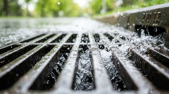 Flowing rainwater rushing through a metal storm drain grate