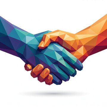 A faceted geometric handshake made of interlocking angular shapes &mdash; Geometric low-poly faceted style