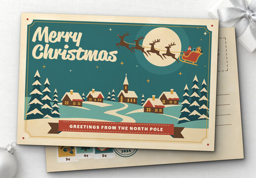 Vintage Christmas Postcard Template, Retro Holiday Greeting Card with Santa Sleigh, Reindeer & Snowy Winter Village