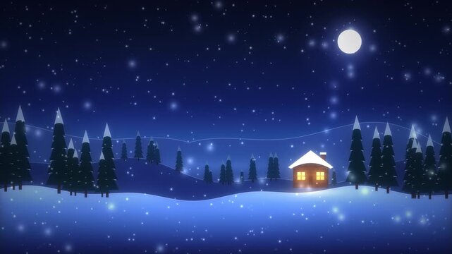 Snowy night winter landscape with lit cozy cabin and trees