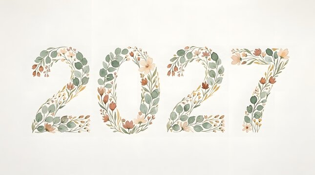 Watercolor Botanical 2027 Numbers Hand Painted Floral Typography Design