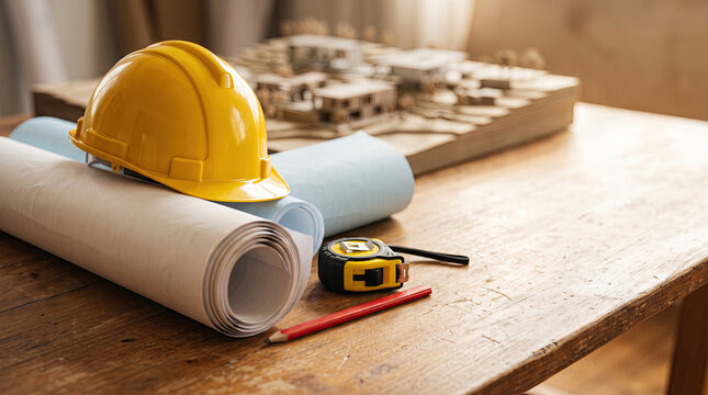 Yellow hard hat with blueprints tape measure and red pencil