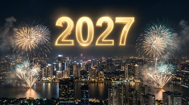 Golden_2027_over_city_skyline.jpg	Glowing Golden 2027 City Skyline Fireworks Happy New Year

