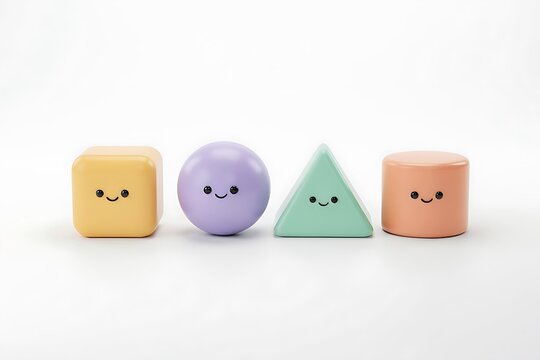 Four smiling geometric shapes with happy faces in a row