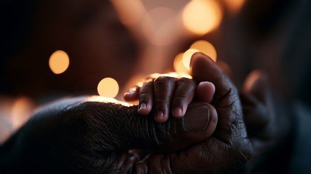 Close-up of an adult and child's hands together, symbolizing love and connection, illuminated by gentle, warm lighting.