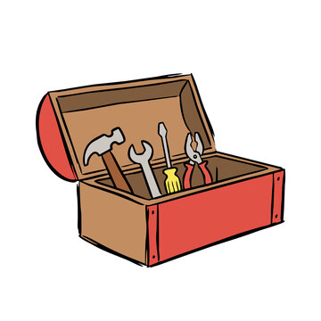Red open toolbox with hammer, screwdriver and wrench, repair tools