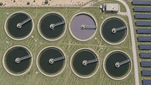 Aerial view of a wastewater treatment plant with round clarifier tanks and solar panels for environmental and utility reports