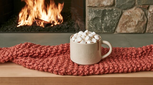 Mug of hot chocolate topped with mini marshmallows on a red knit throw by a glowing fireplace for winter comfort and cozy mood