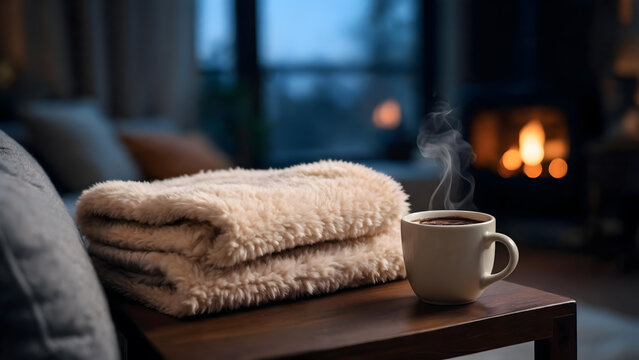 Ceramic coffee cup steams gently near fuzzy folded blanket resting upon dark wooden surface. Warm comforting lifestyle scene radiates gentle contentment near blurred glowing fireplace.
