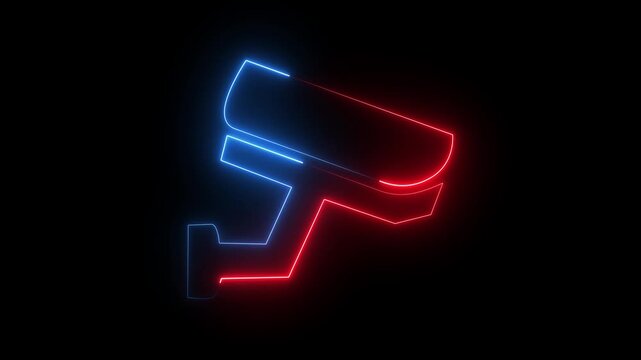 Red and blue neon CCTV security camera icon on dark background, glowing surveillance lens symbol.