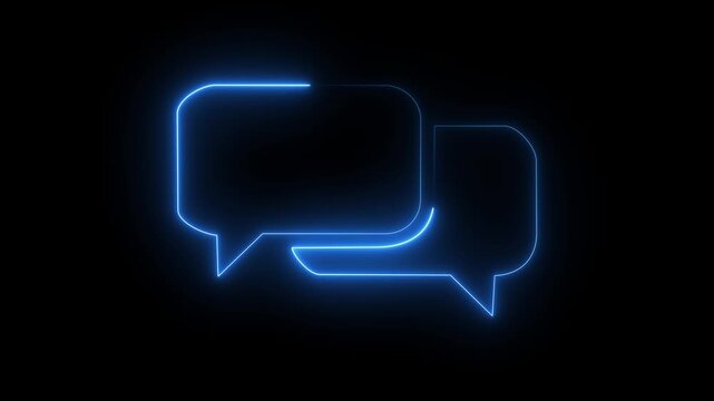 Blue neon chat bubbles icon on dark background, glowing conversation communication symbol.