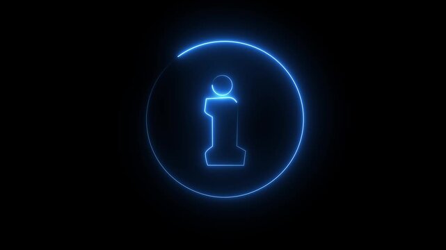 Blue neon information icon on dark background, glowing help sign symbol.