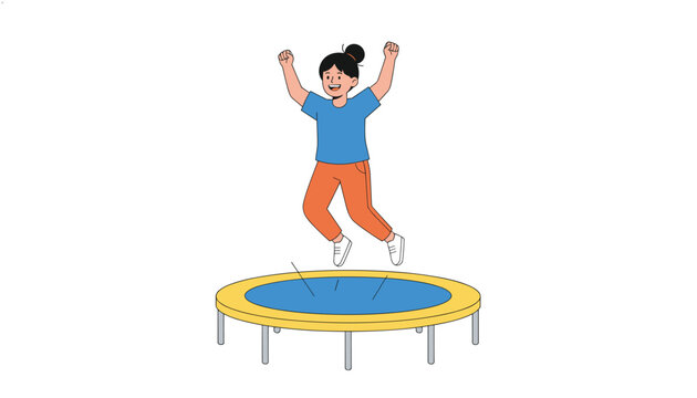 Energetic young girl jumping high with pure joy on a large backyard trampoline against a white background.