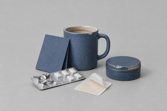 Blue ceramic mug and nicotine replacement therapy kit on a grey surface, featuring a blank leaflet and patch for wellness and recovery copy space