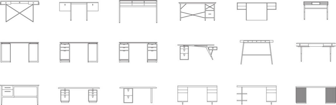 Desk and work table collection, furniture, front view, architectural plan, floor plan, blueprint, office, school, workstation, line art, editable stroke, vector, illustration