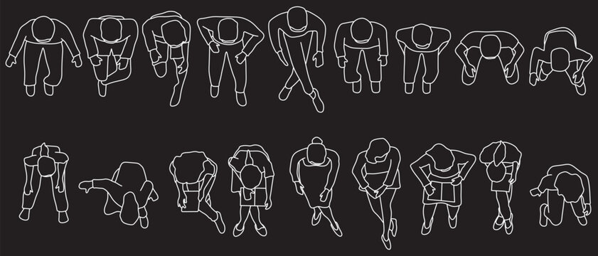 Sitting men and women, top view, body postures, sitting plan, different poses, elevation, blueprint, customizable stroke, vector
