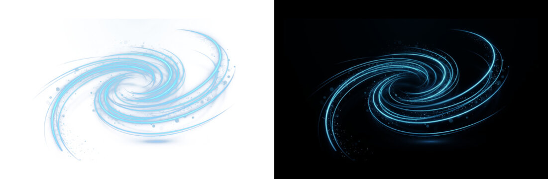 Blue spiral vortex motion graphics, swirling water splash whirlpool on white and black backgrounds, cosmic galaxy energy swirl, fluid rotation