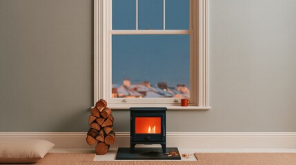 Naklejka premium A tall tower of split logs beside a glowing black stove in a cozy winter living room with a snowy window view, for energy and wonder
