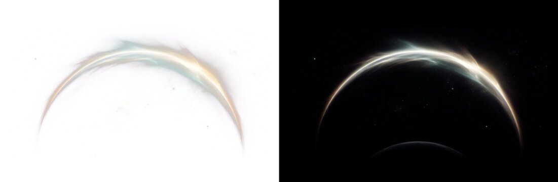 Cinematic light arc with iridescent glow on black and white backgrounds, ethereal cosmic flare element, abstract celestial crescent for overlays.