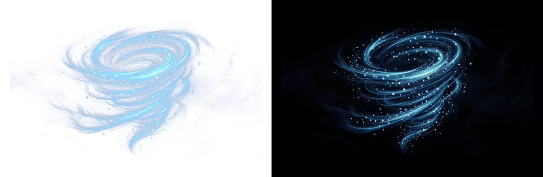 Dynamic blue vortex and swirling hurricane effect, set of two atmospheric wind spirals on white and black backgrounds, magical energy cyclone.