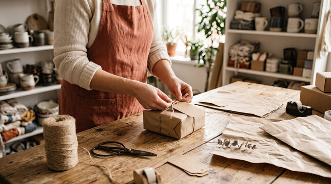Artisan wrapping gift package in kraft paper with twine in handmade goods shop
