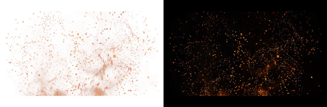Glowing fire sparks and burning embers isolated on white and black backgrounds, cinematic orange particle explosion, hot charcoal dust spray