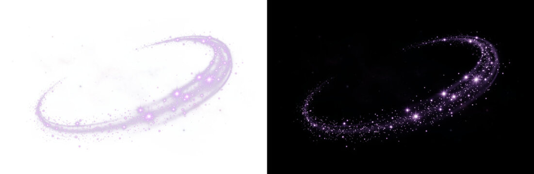 Purple magic trail with glowing sparkles on black and white backgrounds, ethereal violet light swirl with glitter particles, cinematic fantasy glow.