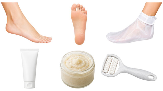 Foot care set featuring bare feet, exfoliating scrub in jar, cream tube, foot roller file and a protective exfoliating sock for pedicure, moisturizing and callus removal at home or spa