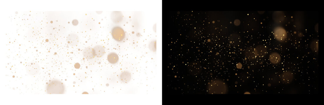 Sparkling gold glitter particles with soft amber bokeh circles, cinematic dust overlay on black and white background for luxury video production.