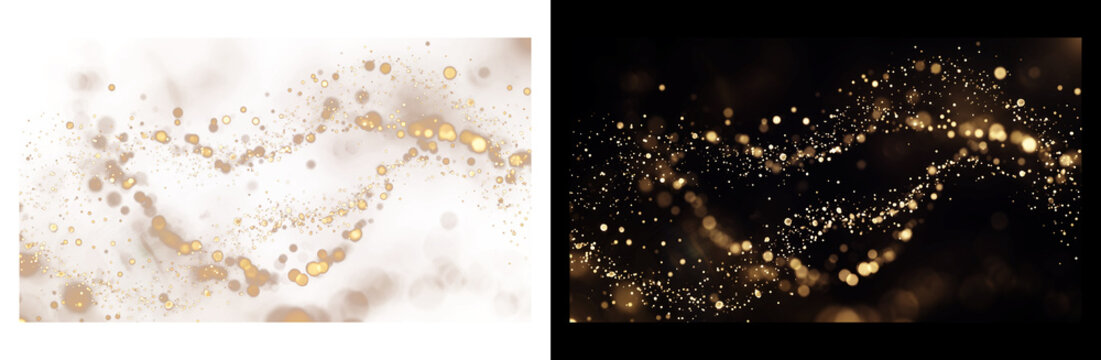 Golden glitter particles in shimmering wave pattern, luxury bokeh light effects on black and white backgrounds, elegant gold dust sparkles for design