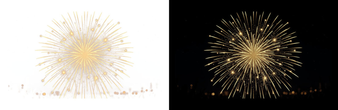 Golden fireworks burst on black and white backgrounds, sparkling festive firework explosion for celebration, glowing gold pyrotechnic display.