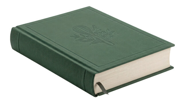 Cookbook, photorealistic single hardcover culinary book with clean generic cover, thick page block and sturdy binding, no visible branding or readable title, front three-quarter view, tack-sharp