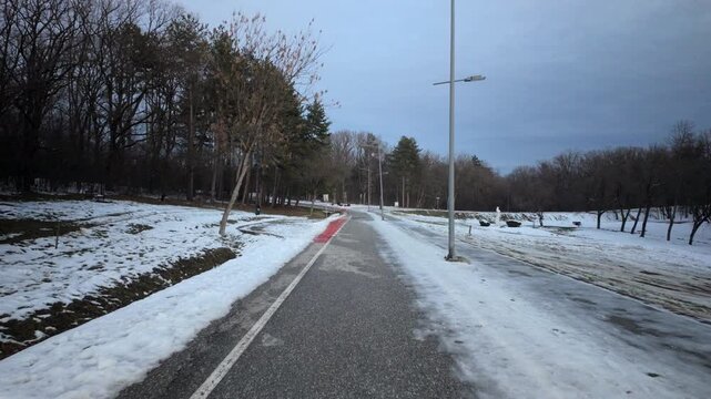Camera Moves Along Snowy Park Path