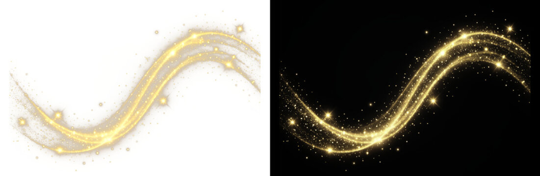 Golden sparkling wave trail with magic glitter particles, elegant gold light effect with glowing dust on black and white backgrounds, luxury shimmer