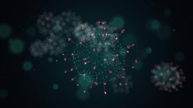 Spiky virus particles drift through dark teal space, with pink tipped spike proteins glowing over translucent particle shells. A widescreen 3D pathogen animation for infection, virology and infectiou