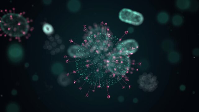 Spiky viruses move among glowing donut shaped blood cells in a dark teal bloodstream. A horizontal 3D scene of a blood infection for sepsis, viremia, hematology, blood tests and pathogen transmission