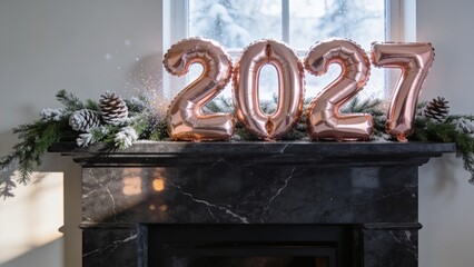 Naklejka premium Displaying rose-gold 2027 balloons centered on marble mantel, with frosted garland and pinecones