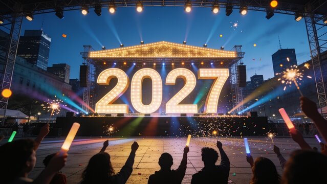 Shining large lit numerals 2027 filling plaza stage at night, crowd in jackets holding sparklers