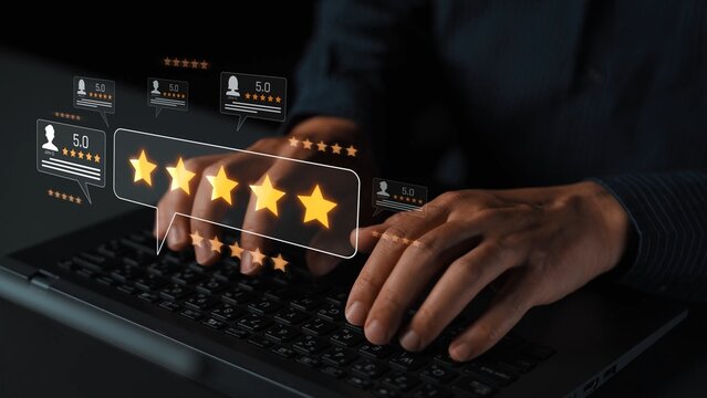 Customer centric review and rating system supports product review, digital rating concept, and customer give good trust by visualizing people choice through star and feedback content technology Marrow