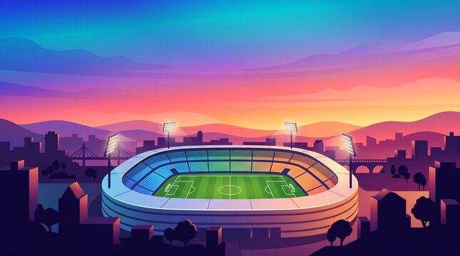 Modern stadium bowl silhouetted against a luminous sunset gradient with a broad open sky for sports backgrounds and event promotion.