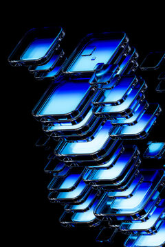 Abstract glass smartphone shapes with blue data visualization