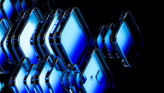 Abstract blue glass 3D shapes representing digital data