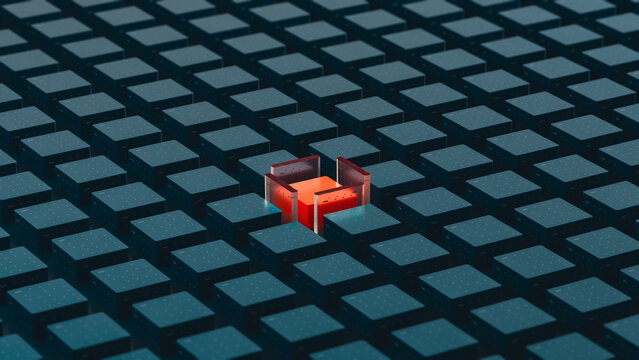 Small Red Cube Guarded in an Expansive Blue Grid