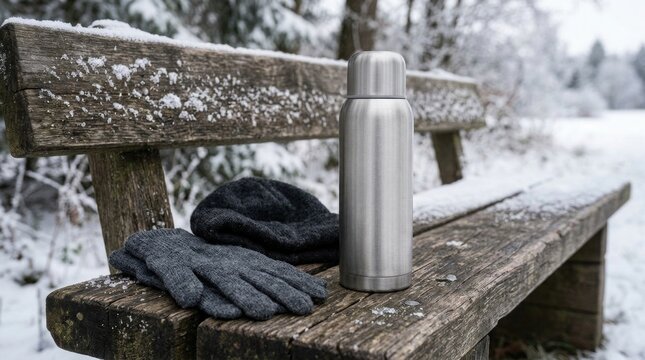 A serene winter scene with a thermos and clothing resting on a weathered wooden bench evoking tranquility