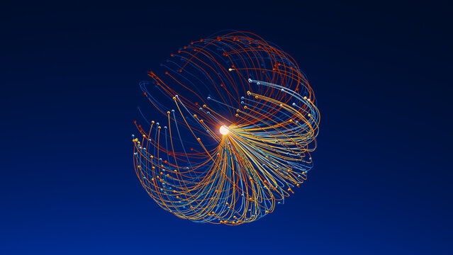 Abstract data network with glowing orange and blue lines