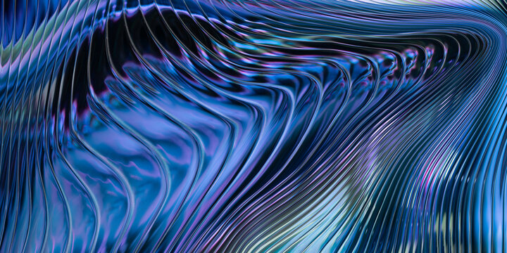 Abstract blue iridescent wave pattern with fluid metallic lines
