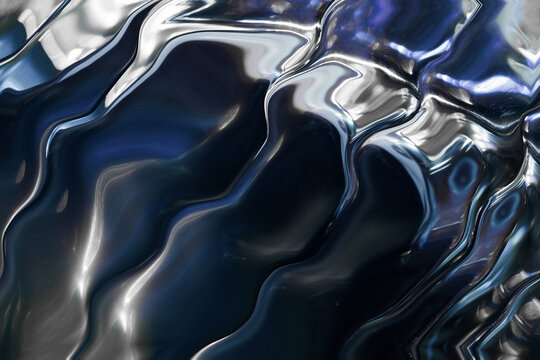 Abstract dark blue metallic liquid surface with reflections